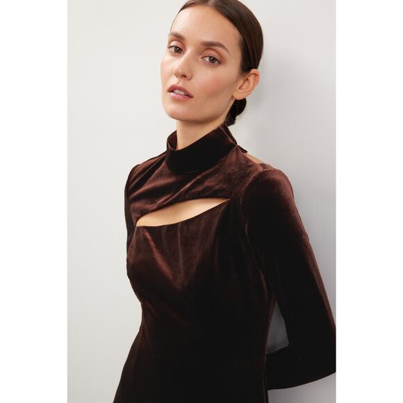 Rene Ruiz Brown Velvet Long Sleeve Cut Out Midi Cocktail Dress Size 0 - Picture 4 of 15